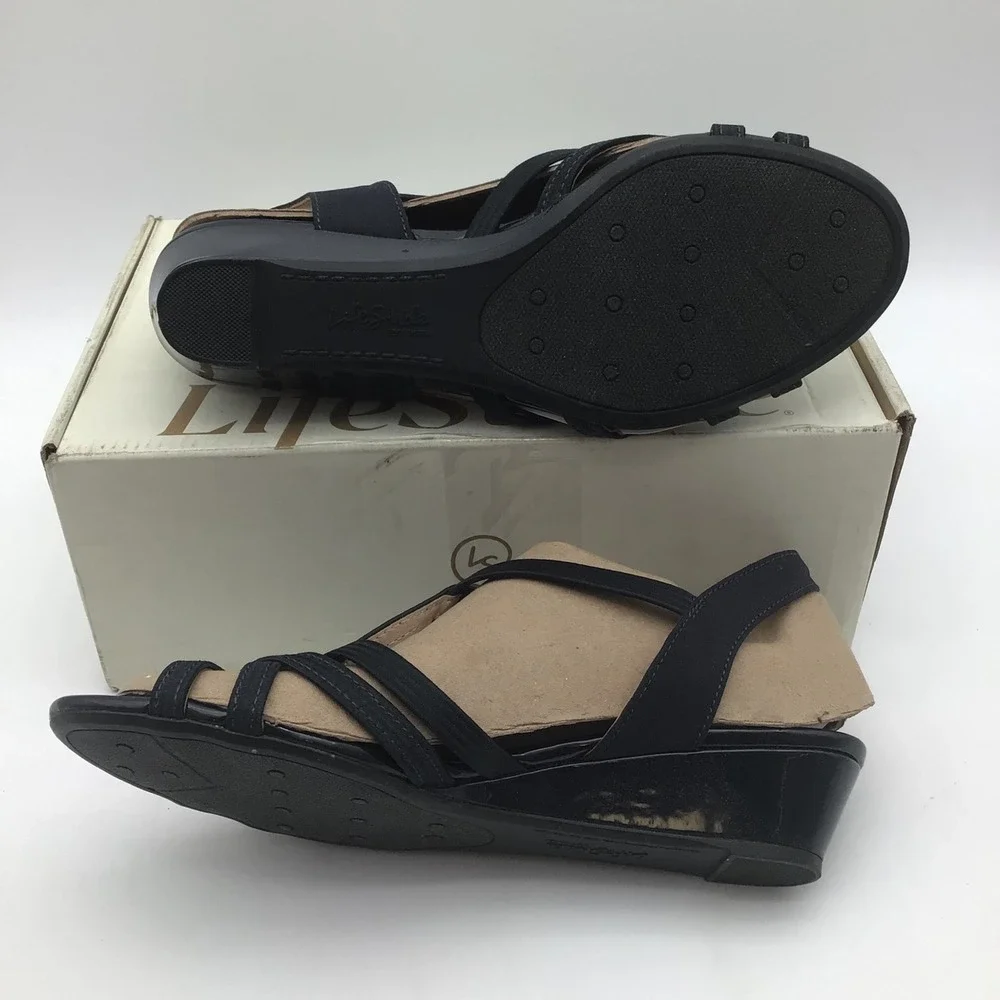 LifeStride Yaya Womens Navy Blue Strappy Wedge Sandals Wide Width Size 9.5W NEW